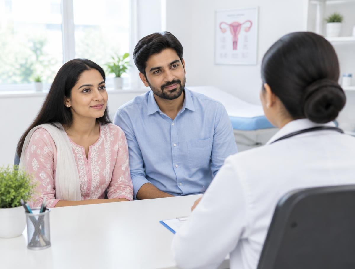 A couple in conversation with a gynaecologist during a clinic consultation