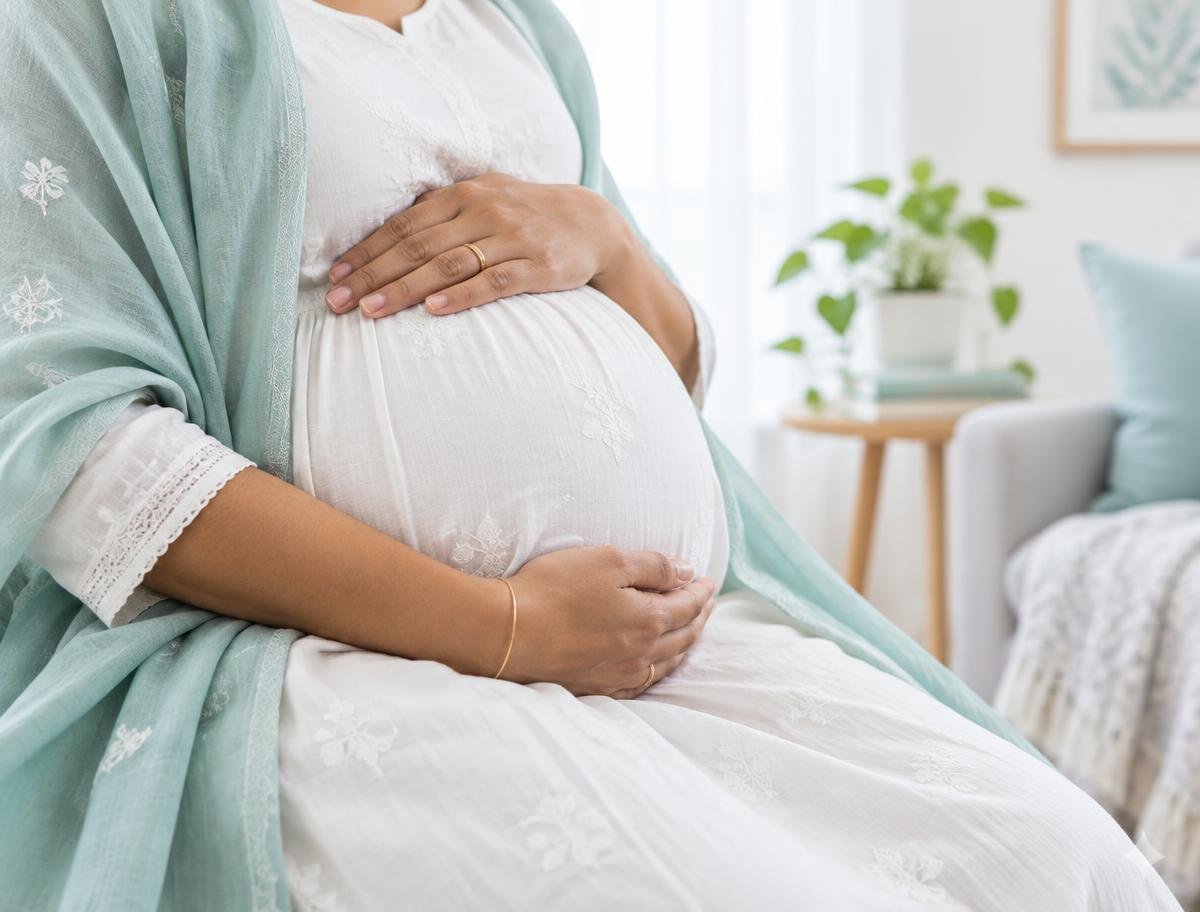 Pregnant woman resting her hands on her belly in a calm, bright room