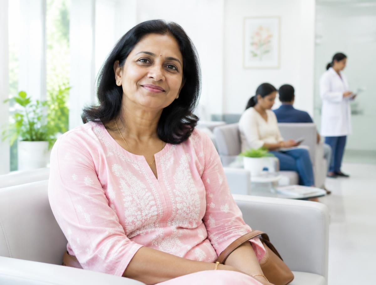 A woman sitting calmly in a bright clinic waiting area